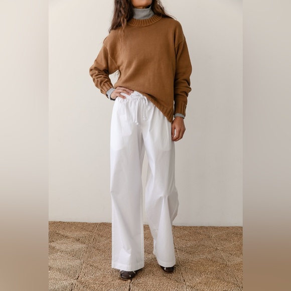 Donni The Pop Pant - Powder White Cotton Drawstring Wide Leg Pants - Picture 5 of 6